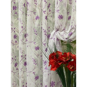 Perdea Inna, alba cu broderie de flori mov 600X245cm, din in, cu rejansa by Liz Line - RD1896 Perdea Inna, alba cu broderie de flori mov 600X245cm, din in, cu rejansa by Liz Line - RD1896