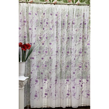 Perdea Inna, alba cu broderie de flori mov 400X245cm, din in, cu rejansa by Liz Line - RD1894 Perdea Inna, alba cu broderie de flori mov 400X245cm, din in, cu rejansa by Liz Line - RD1894