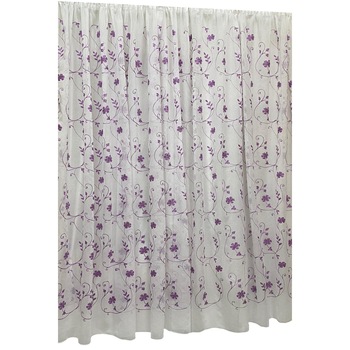 Perdea Inna, alba cu broderie de flori mov 800X245cm, din in, cu rejansa by Liz Line - RD1898 Perdea Inna, alba cu broderie de flori mov 800X245cm, din in, cu rejansa by Liz Line - RD1898