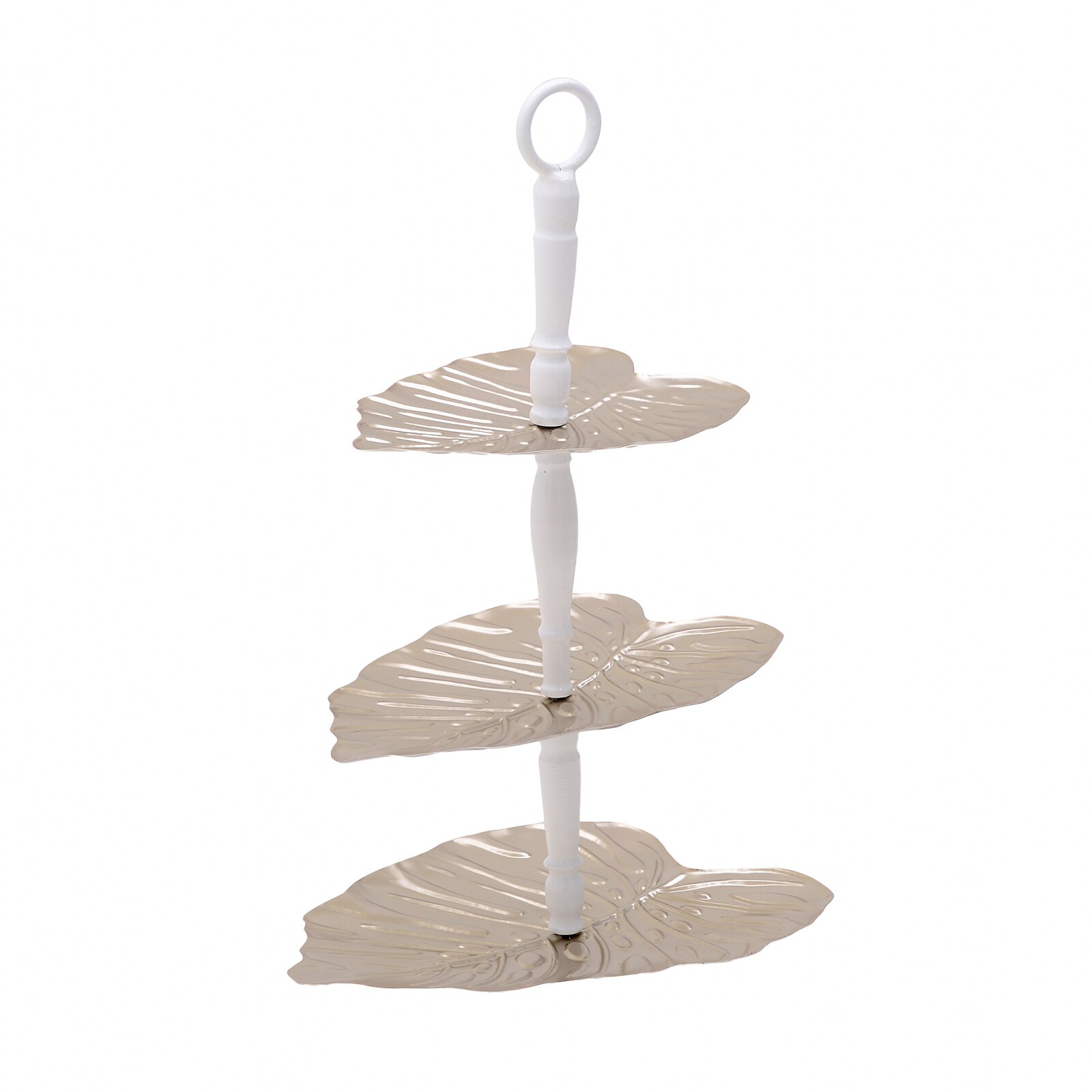 Platou 3 nivele forma Frunza, pentru aperitive, din metal, culoare Auriu cu Alb, 33x26.5x48 cm