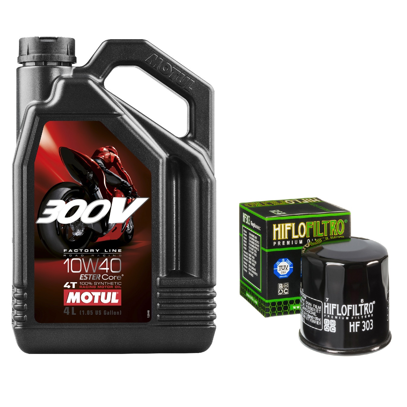 Pachet schimb ulei MOTUL 300V 10W40 4L si filtru ulei racing HIFLO HF303RC pentru motociclete KAWASAKI