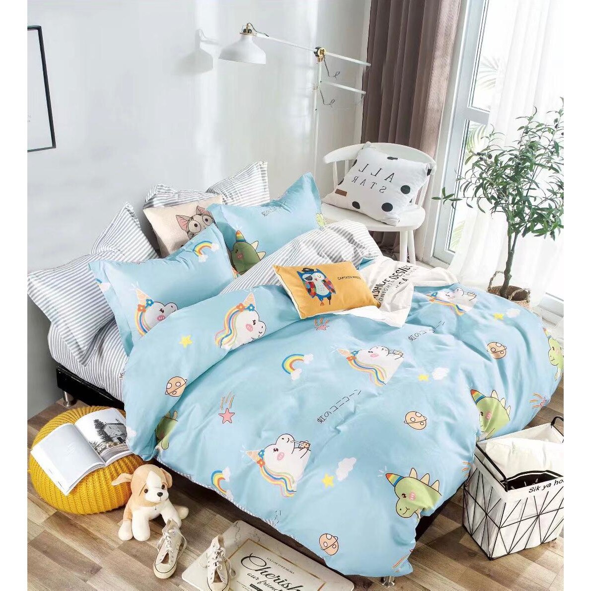 Lenjerie de pat, bumbac finet, pat single, 4 piese, Unicorni
