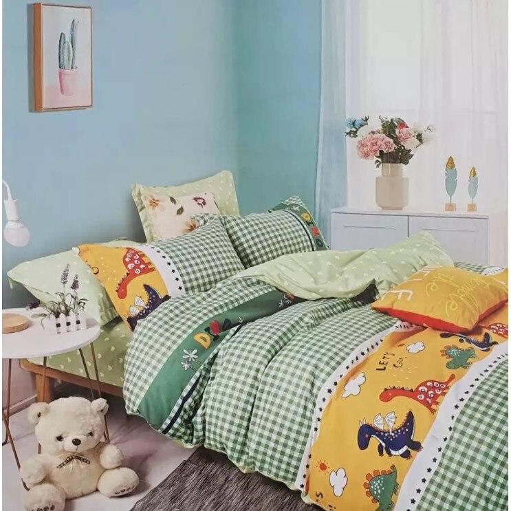 Lenjerie de pat, bumbac finet, pat single, 4 piese, Dinozauri / Verde