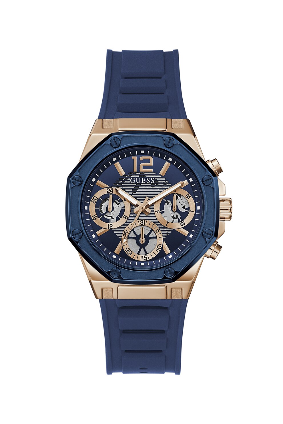 Guess, Ceas analog cu functii multiple si cadran partial decupat, Bleumarin