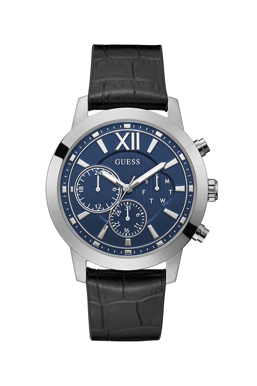 Guess, Ceas cu functii multiple si curea de piele cu model piele de crocodil, Negru