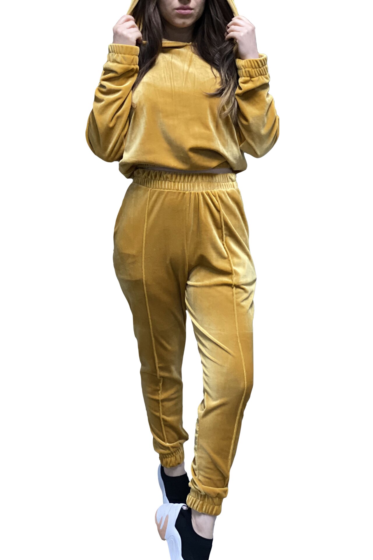 Trening dama catifea cu dungi, doua piese, Velvet Edition, Gold Cream