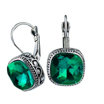 Cercei argintiu cu cristal patrat verde, tortita Inchisa WE015 Cercei argintiu cu cristal patrat verde, tortita Inchisa WE015