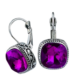 Cercei argintiu cu cristal patrat violet, tortita Inchisa WE015 Cercei argintiu cu cristal patrat violet, tortita Inchisa WE015
