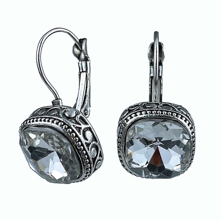 Сребърни обеци с квадратен кристал, тъмни, WE015