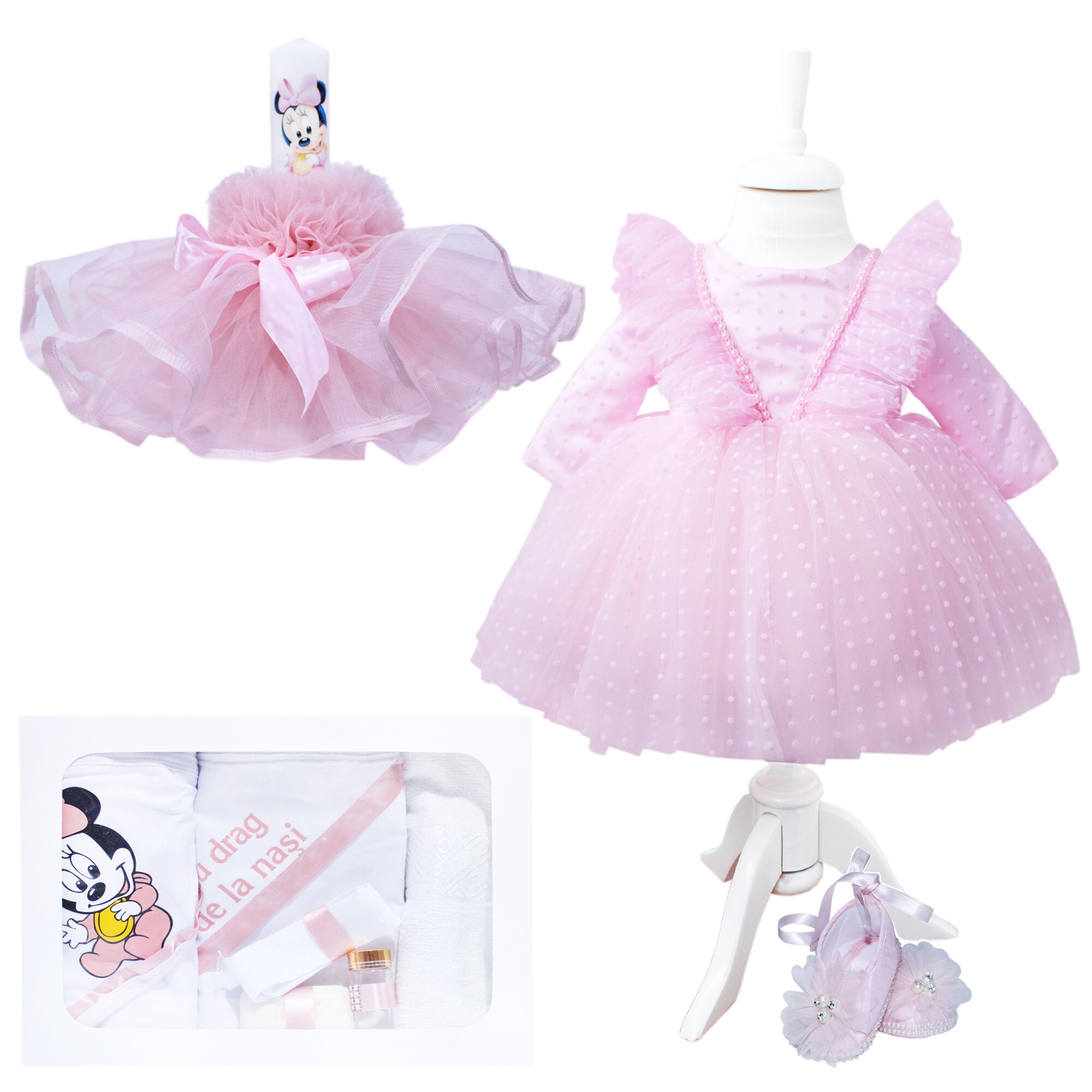 Set complet pentru botez, lumanare roz cu 