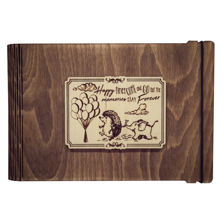 Album foto A5 din lemn, VintageBox, "Prietenii veseli - Happy Time ", nuc inchis
