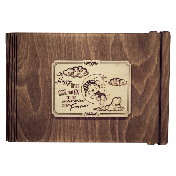 Album foto A5 din lemn, VintageBox, "Ursuletul de pe luna (baietel) - Happy Time ", nuc inchis