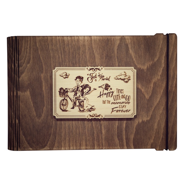 Album foto A5 din lemn, VintageBox, "Proaspat casatoriti pe bicicleta - Happy Time ", nuc inchis
