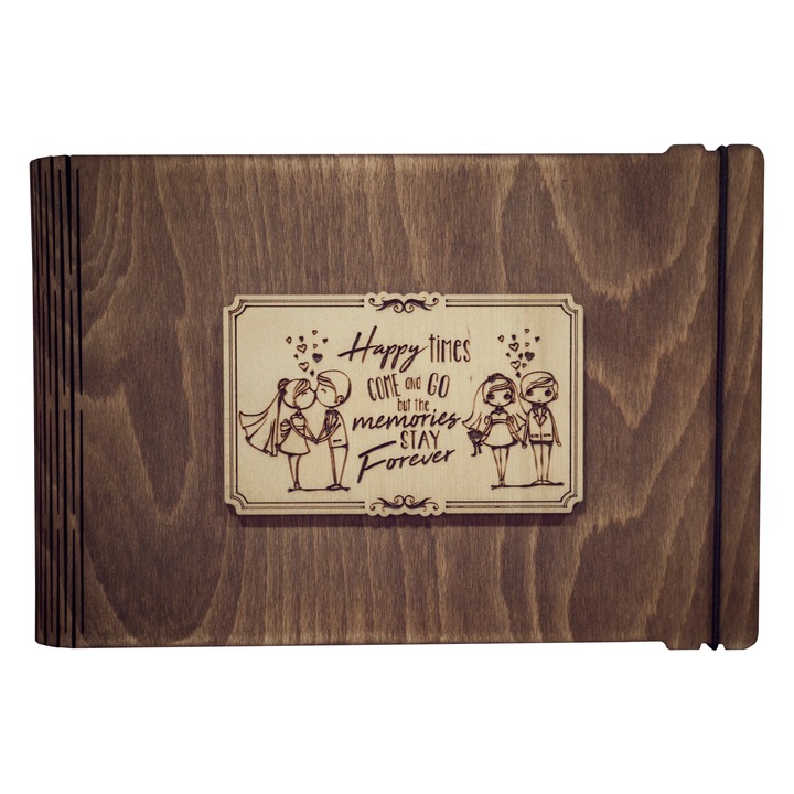 Album foto A5 din lemn, VintageBox, "Tineri casatoriti - Happy Time ", nuc inchis