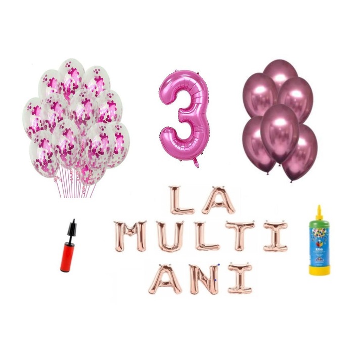 Set baloane, 33 elemente, La Multi Ani aniversare 3 ani, cifra folie 101 cm, roz + Butelie de heliu