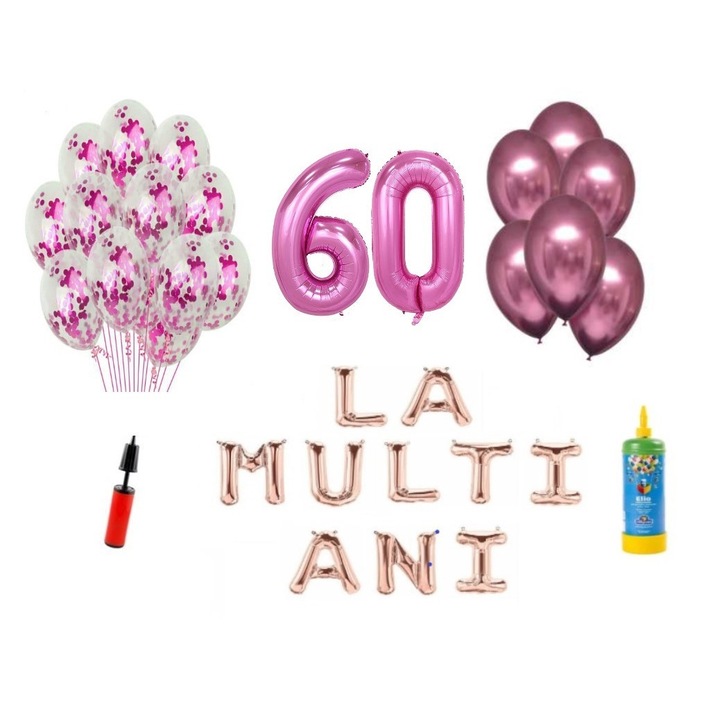 Set baloane, 34 elemente, La Multi Ani aniversare 60 ani, cifre folie 101 cm, roz + Butelie de heliu