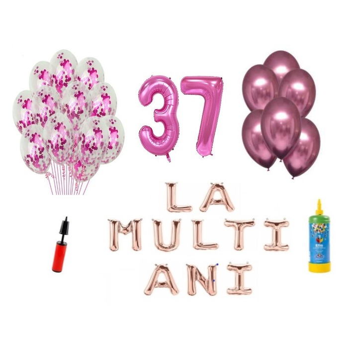 Set 34 baloane, La Multi Ani aniversare 37 ani, cifre folie 100 cm, Domi Party & Gifts, roz + Butelie de heliu