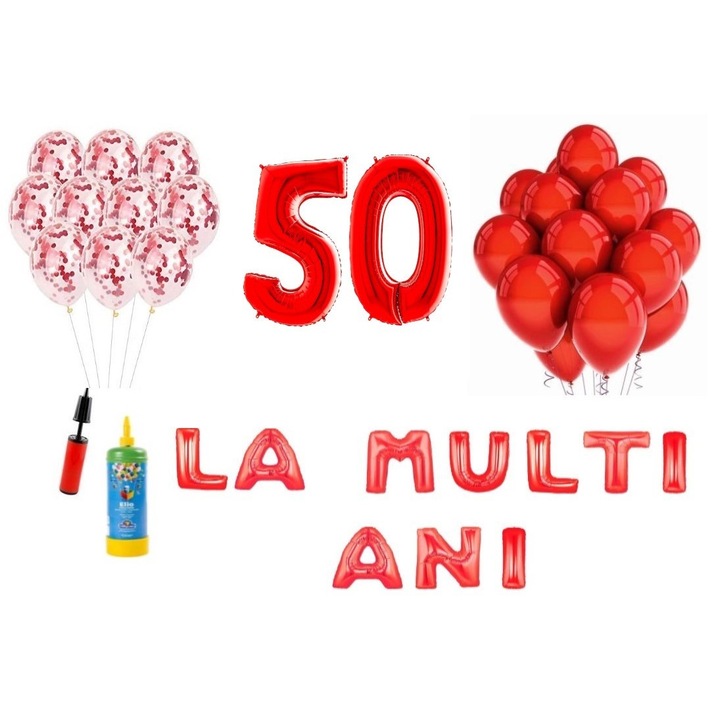 Set 34 baloane, La Multi Ani aniversare 50 ani, cifre folie 100 cm, Domi Party & Gifts, rosu + Butelie de heliu