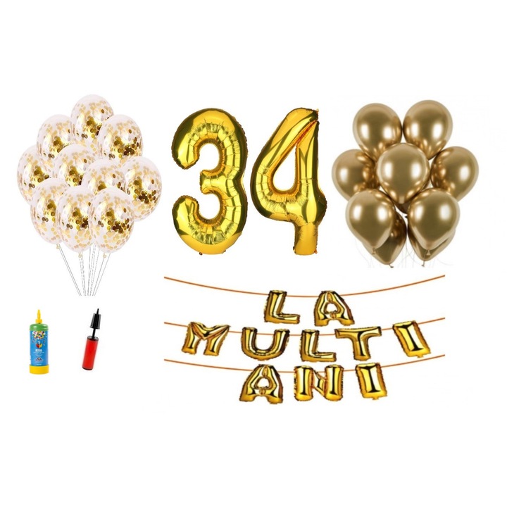 Set baloane, 34 elemente, La Multi Ani aniversare 34 ani, cifre folie 101 cm, auriu + Butelie de heliu