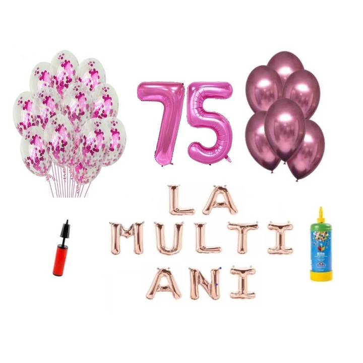 Set 34 baloane, La Multi Ani aniversare 75 ani, cifre folie 100 cm, Domi Party & Gifts, roz + Butelie de heliu
