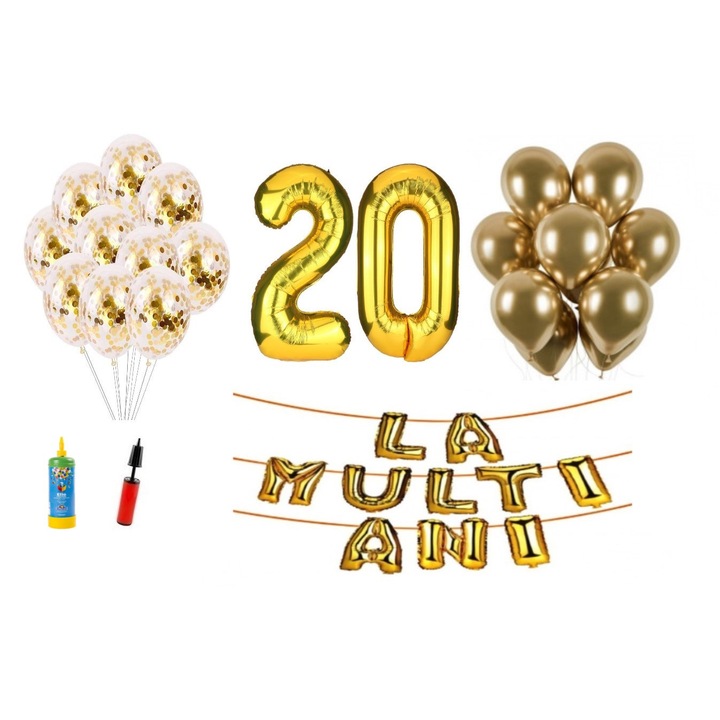 Set 34 baloane, La Multi Ani aniversare 20 ani, cifre folie 100 cm, Domi Party & Gifts, auriu + Butelie de heliu