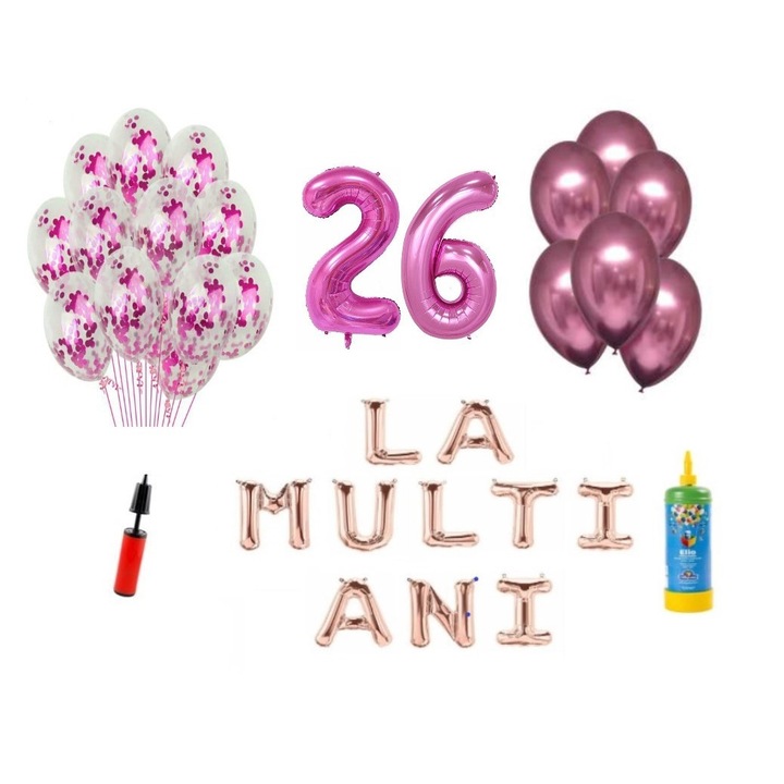 Set 34 baloane, La Multi Ani aniversare 26 ani, cifre folie 100 cm, roz + Butelie de heliu