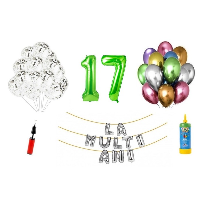 Set 34 baloane, La Multi Ani aniversare 17 ani, cifre folie 100 cm, verde + Butelie de heliu