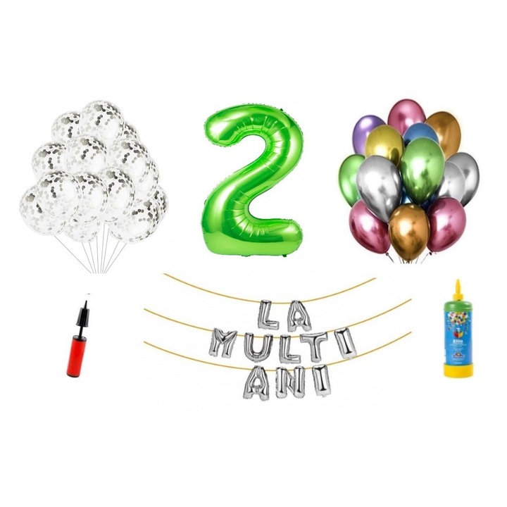 Set baloane, 33 elemente, La Multi Ani aniversare 2 ani, cifra folie 101 cm, verde + Butelie de heliu