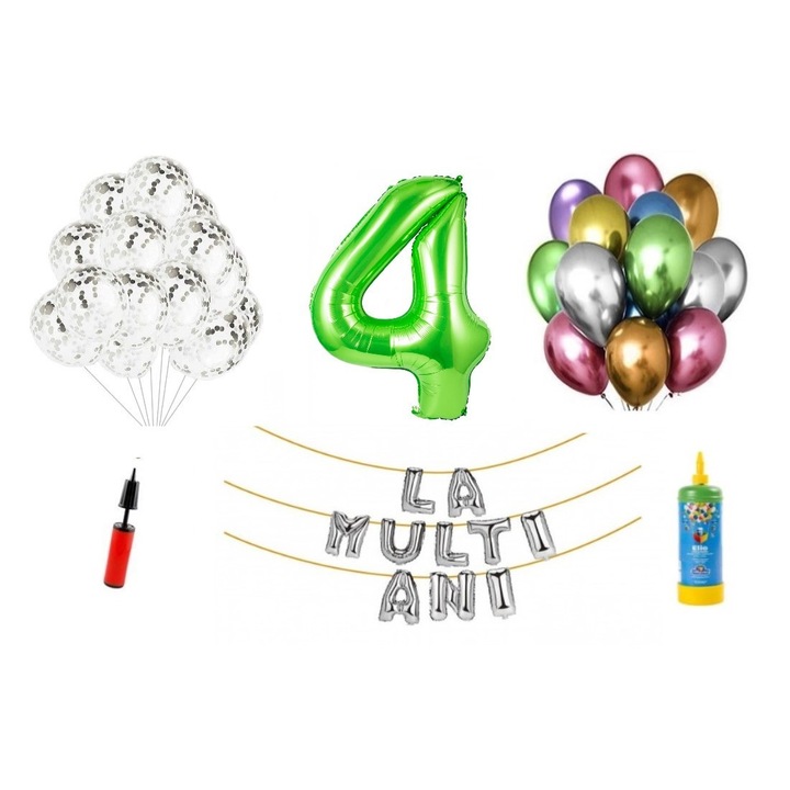 Set 33 baloane, La Multi Ani aniversare 4 ani, cifra folie 1 m, verde + Butelie de heliu