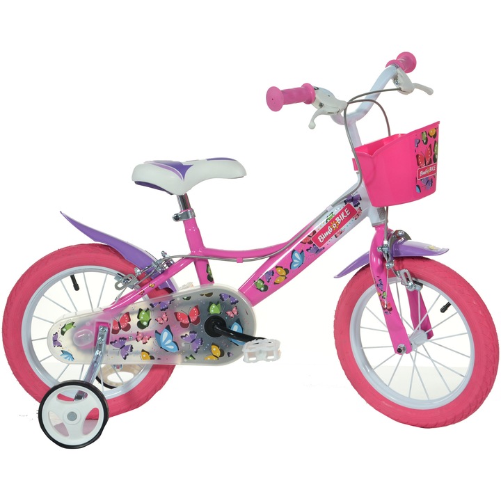 Bicicleta pentru copii Bimbo Bike Butterfly 14 inch, 1 viteza, roz/alb/mov