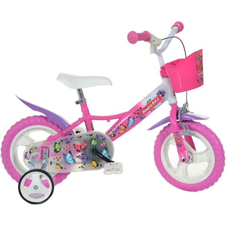 Bicicleta pentru copii Bimbo Bike Butterfly 12 inch, 1 viteza, roz/alb/mov
