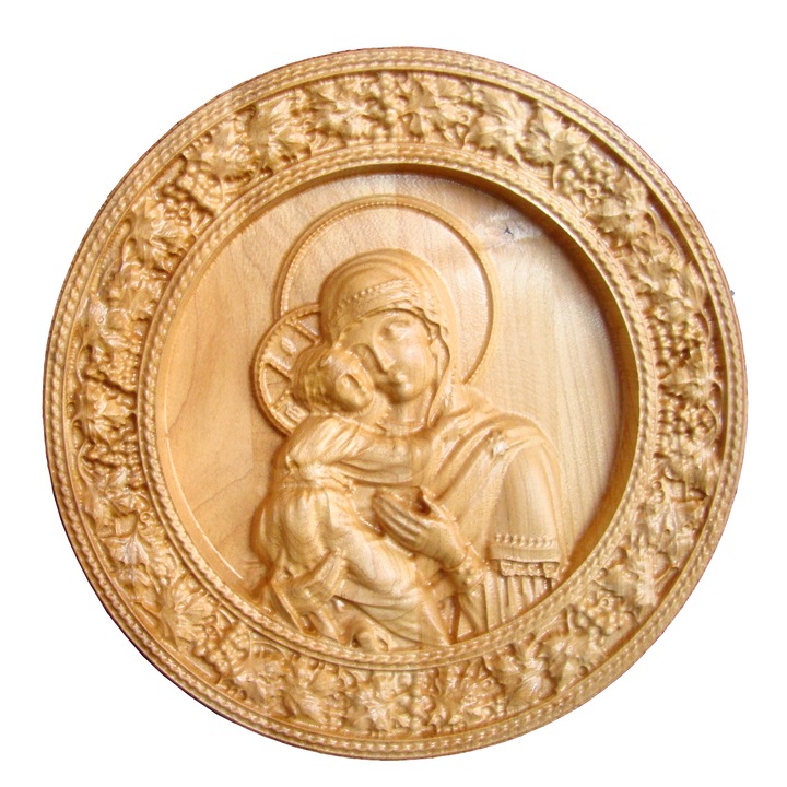Icoana sculptata Maica Domnului, rama circulara, Lemn, 19,5 cm