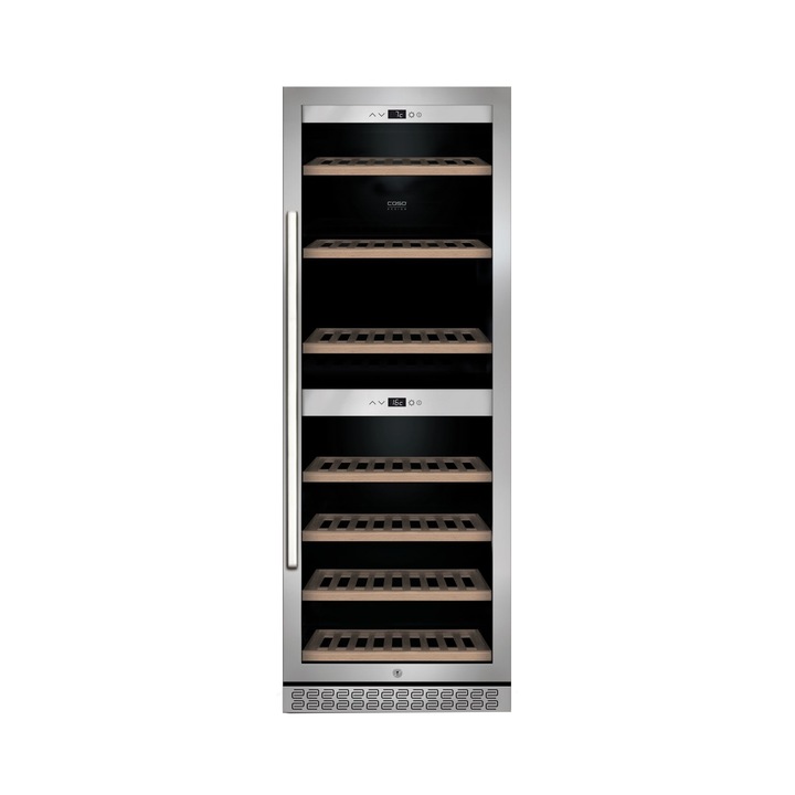 Racitor de vin Caso Germany, WineChef Pro 126, capacitate 126 sticle, H 163 cm, 2 zone de racire 5-20°C, control Wi-Fi, usa anti-UV, compresor, silentios, sistem anti-vibratii, control touch, otel inoxidabil, argintiu/negru