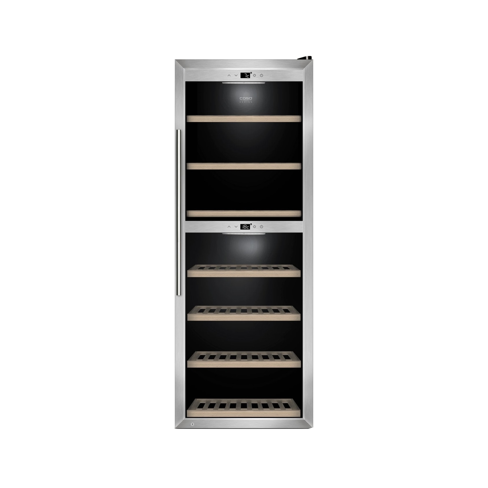 Racitor de vin Caso Germany, WineComfort 1260 Smart, capacitate 126 sticle, 2 zone de racire 5-20°C, control smart Wi-Fi, usa anti-UV, compresor incorporat, silentios, sistem anti-vibratii, control touch, otel inoxidabil, argintiu/negru