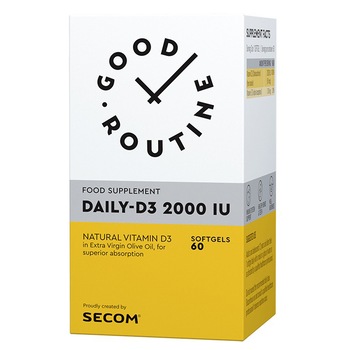 Supliment alimentar Daily D3 cu Vitamina D3 2000 UI, 30 capsule Good Routine by Secom Supliment alimentar Daily D3 cu Vitamina D3 2000 UI, 30 capsule Good Routine by Secom