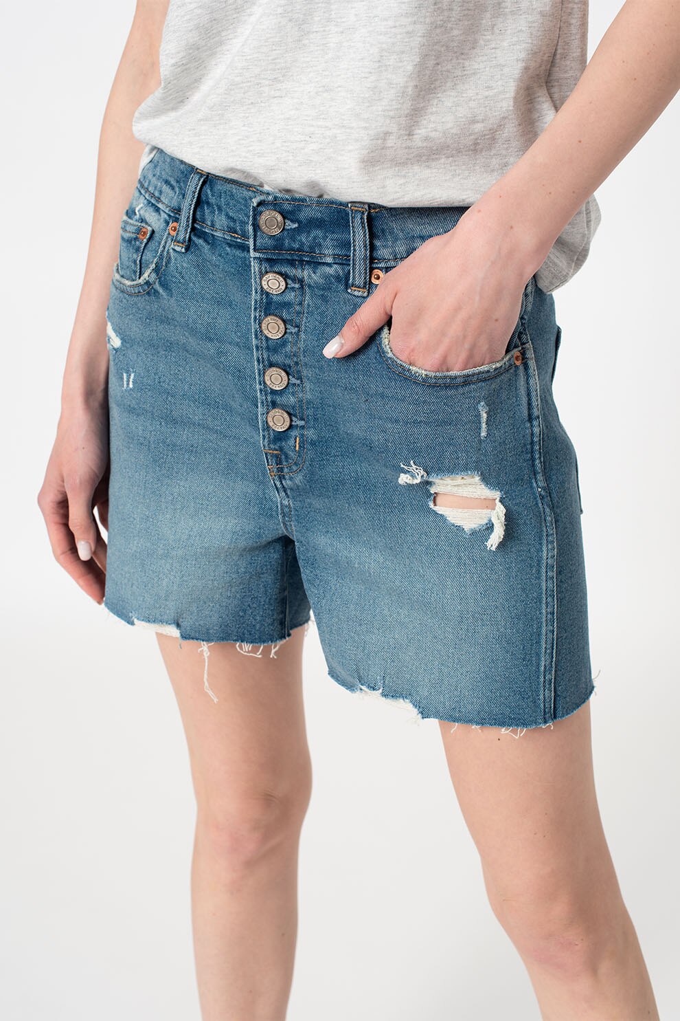 GAP, Pantaloni scurti din denim cu detalii cu aspect deteriorat, Albastru deschis