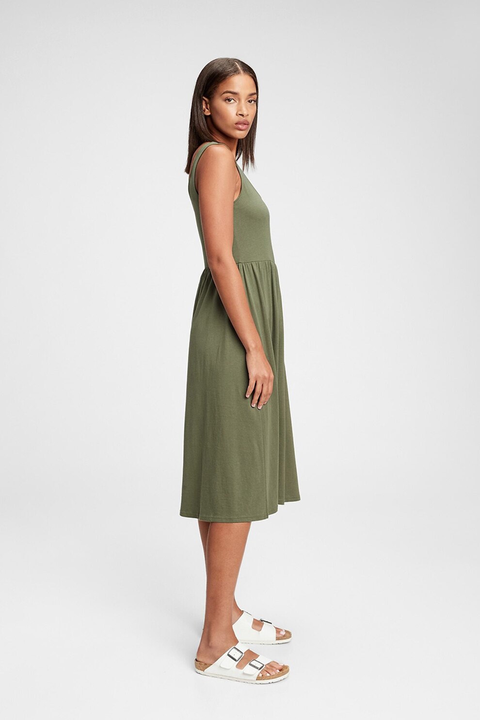 GAP, Rochie midi evazata din amestec de modal, Verde militar