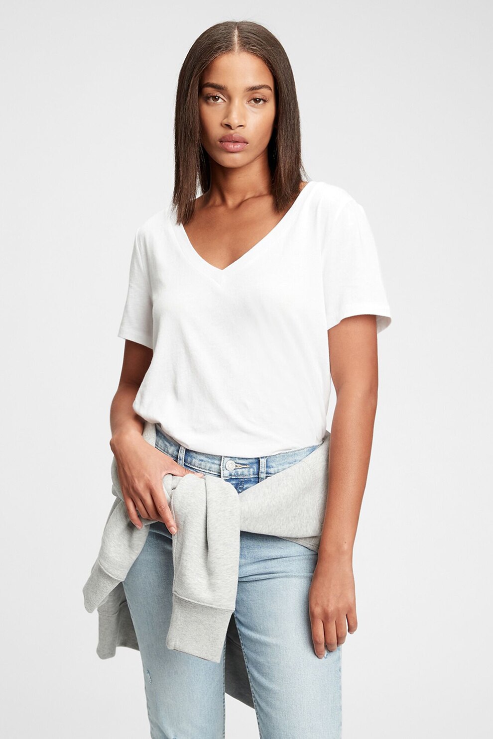 GAP, Tricou din bumbac organic cu decolteu in V, Alb optic