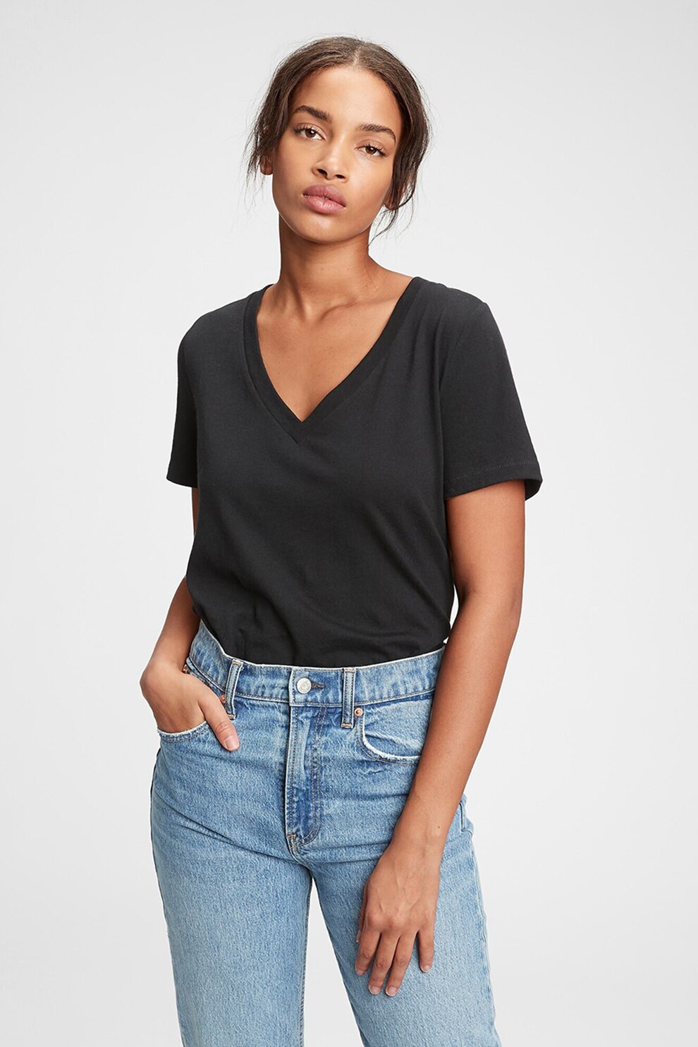 GAP, Tricou din bumbac organic cu decolteu in V, Negru