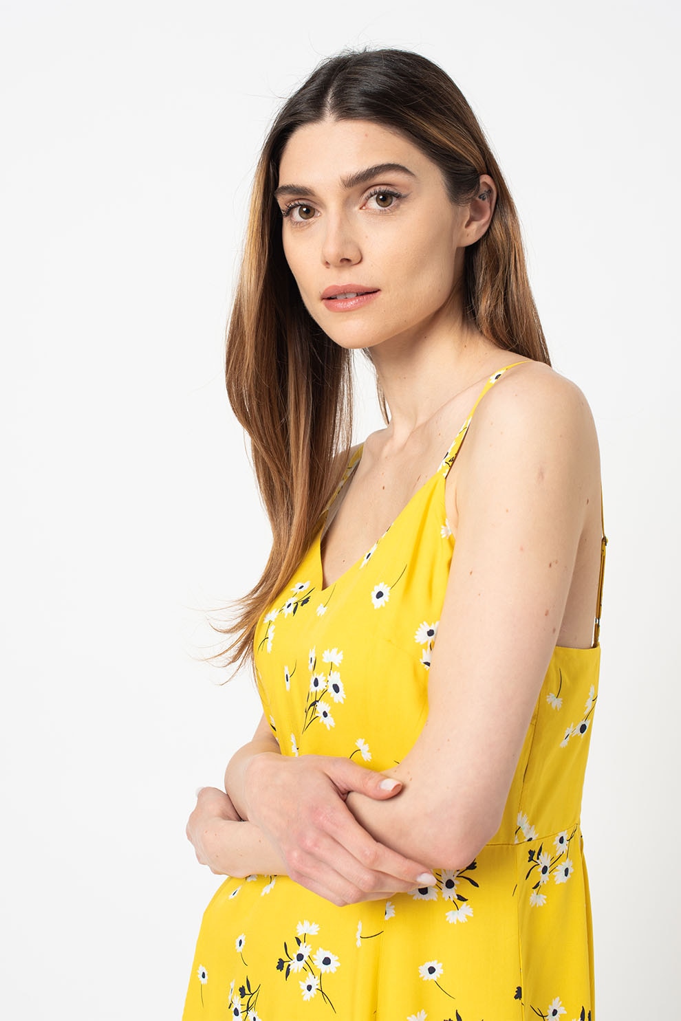 GAP, Rochie midi evazata cu decolteu in V, galben pal, S