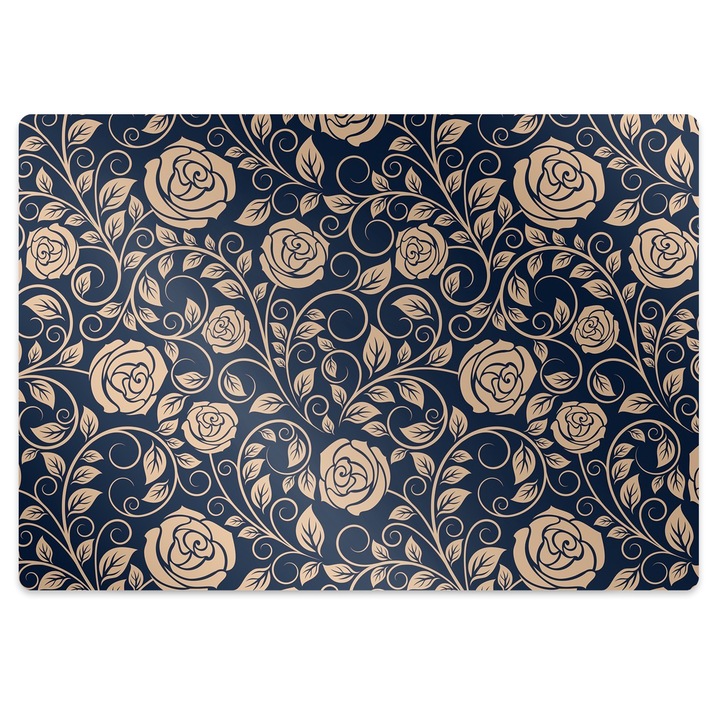 Covor pentru scaun de birou, trandafiri de aur Vintage, albastru, 100x70 cm