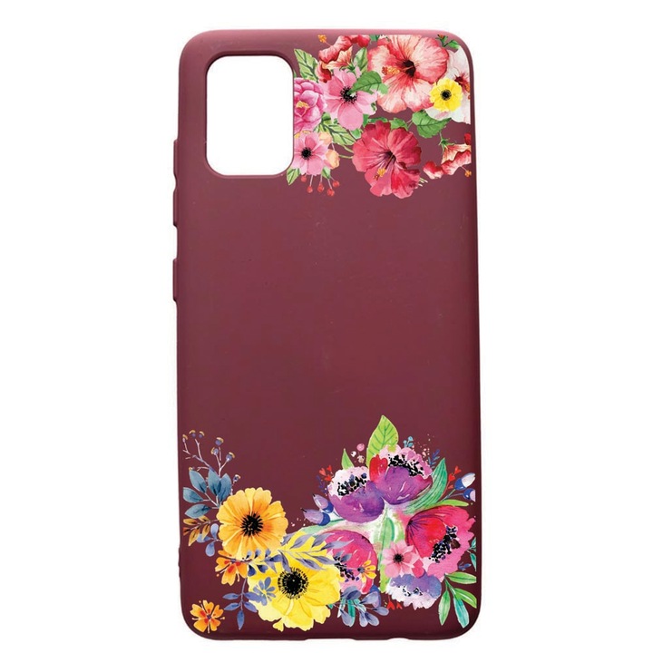 Husa Premium TPU compatibila cu Apple iPhone 12 Pro Max, Flower, cu interiorul din material textil, protectie camera, Burgundy, PBR56