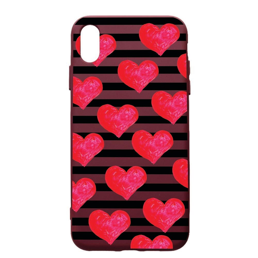 Husa Premium TPU compatibila cu Apple iPhone XS Max, Red Hearts, cu interiorul din material textil, protectie camera, Burgundy, PBR102