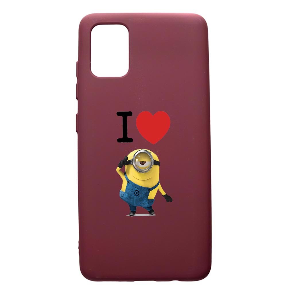 Husa Premium TPU compatibila cu Samsung Galaxy A51, I Love Minion, cu interiorul din material textil, protectie camera, Burgundy, PBR216