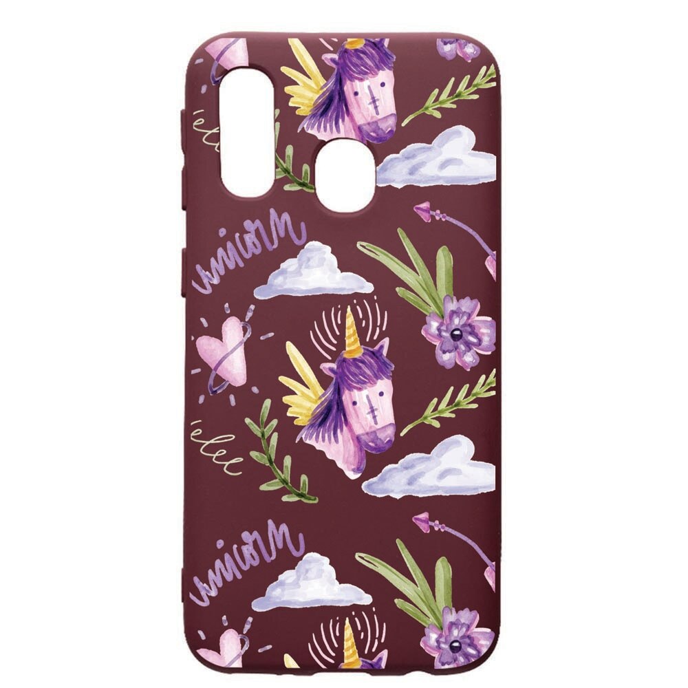 Husa Premium TPU compatibila cu Samsung Galaxy A40, Unicorn Pattern, cu interiorul din material textil, protectie camera, Burgundy, PBR89