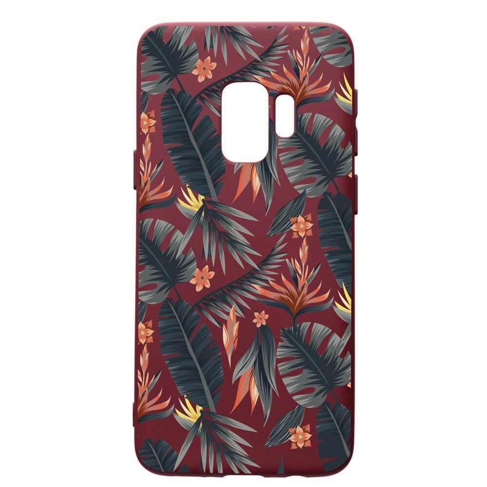 Husa Premium TPU compatibila cu Samsung Galaxy S9, Tropical Pattern, cu interiorul din material textil, protectie camera, Burgundy, PBR88