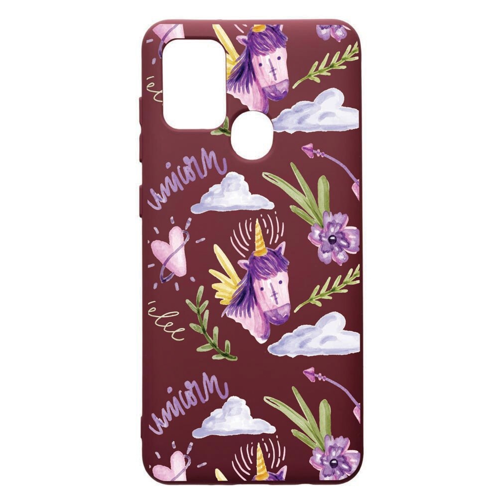 Husa Premium TPU compatibila cu Samsung Galaxy A21S, Unicorn Pattern, cu interiorul din material textil, protectie camera, Burgundy, PBR89