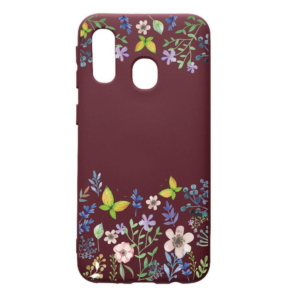 Husa Premium TPU compatibila cu Samsung Galaxy A40, Butterfly-Flowers, cu interiorul din material textil, protectie camera, Burgundy, PBR95