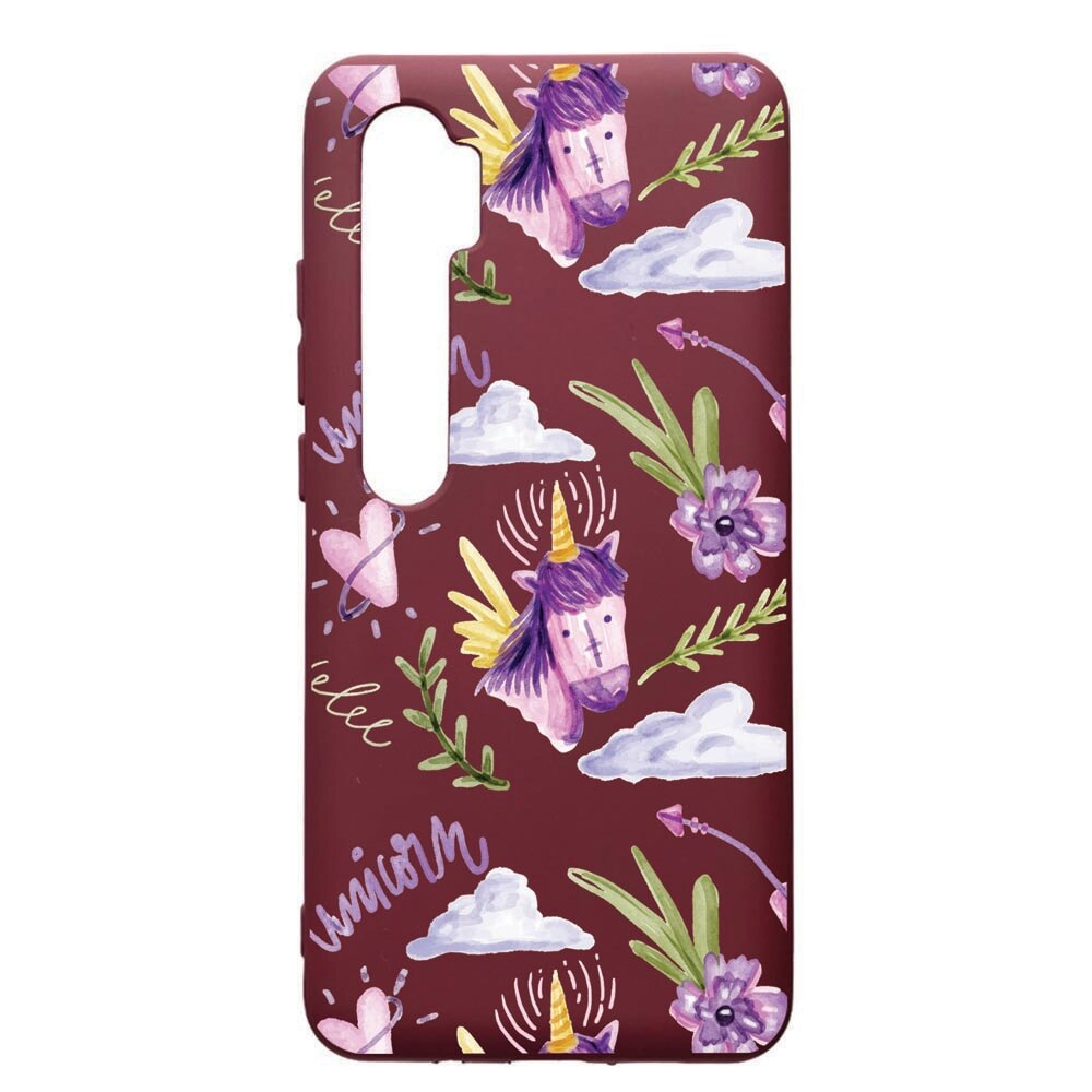Husa Premium TPU compatibila cu Xioami Mi Note 10, Unicorn Pattern, cu interiorul din material textil, protectie camera, Burgundy, PBR89