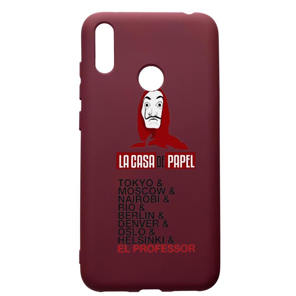 Husa Premium TPU compatibila cu Huawei Y7 2019, La Casa De Papel, cu interiorul din material textil, protectie camera, Burgundy, PBR296